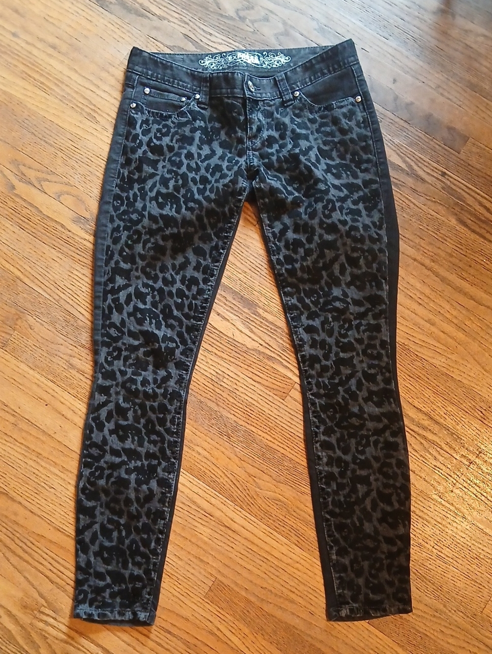 EUC Express Low Jeans Leopard Skin Velour Raised Patches Bkack Skinny Denim